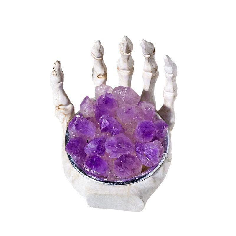 Natural Crystal Purple Quartz Cluster on Resin Skeleton Hand 65g