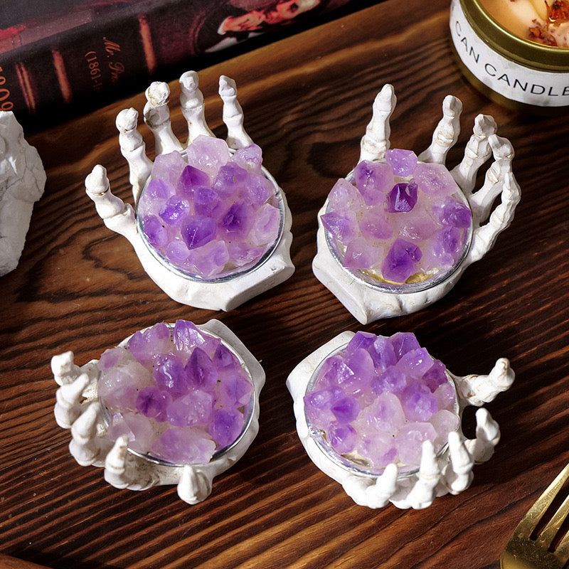 Natural Crystal Purple Quartz Cluster on Resin Skeleton Hand 65g