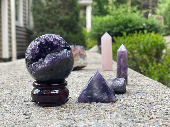 Amethyst Cluster Smiley Face Sphere With Stand