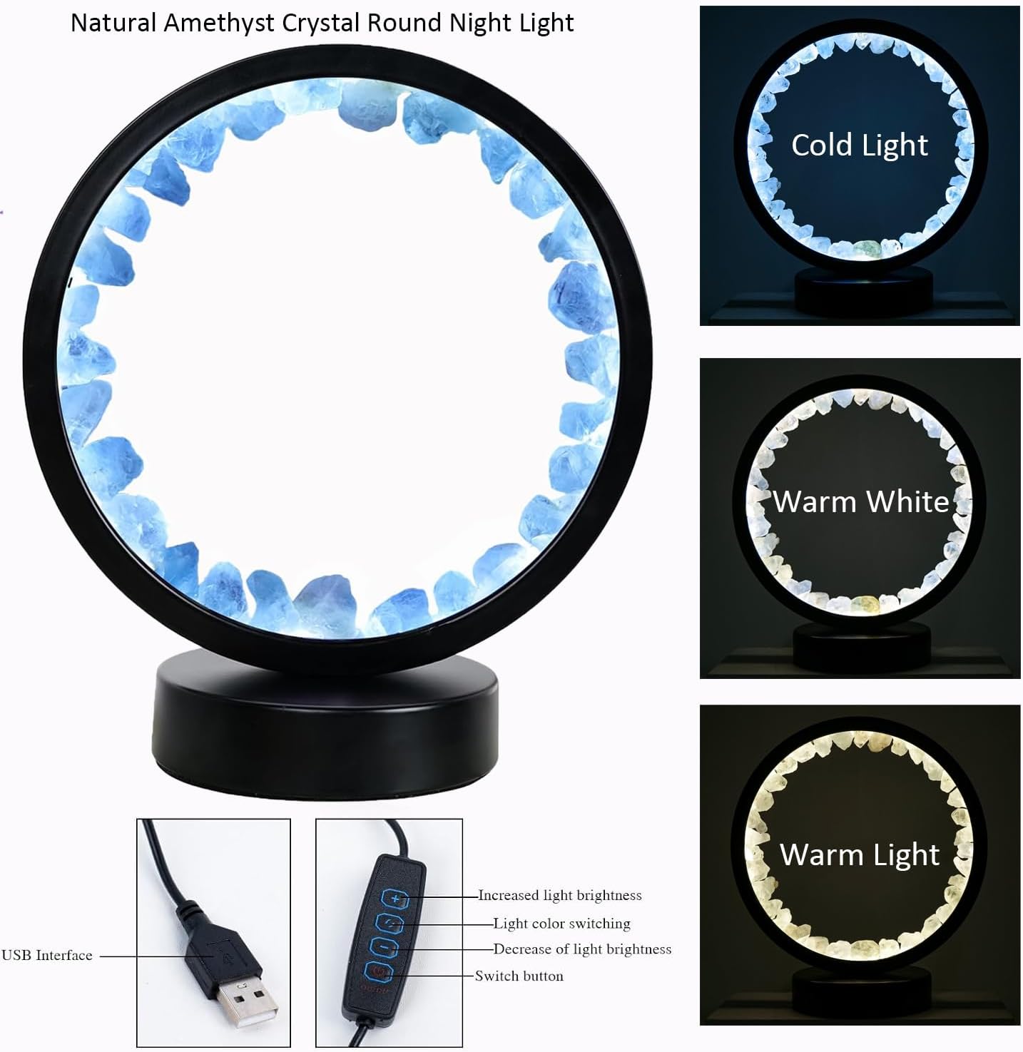 Blue Fluorite Night Lamp USB Port 3 Colours Dimming Mode