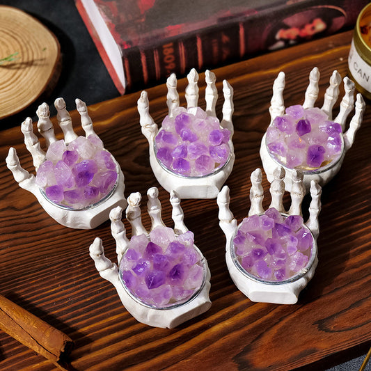 Natural Crystal Purple Quartz Cluster on Resin Skeleton Hand 65g