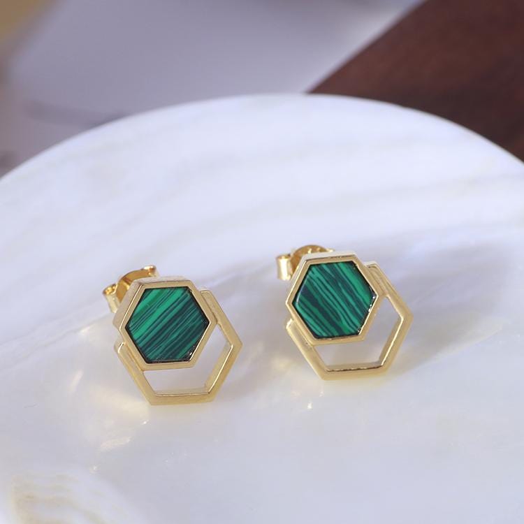 Hexagonal Inlaid Malachite Crystal Earrings