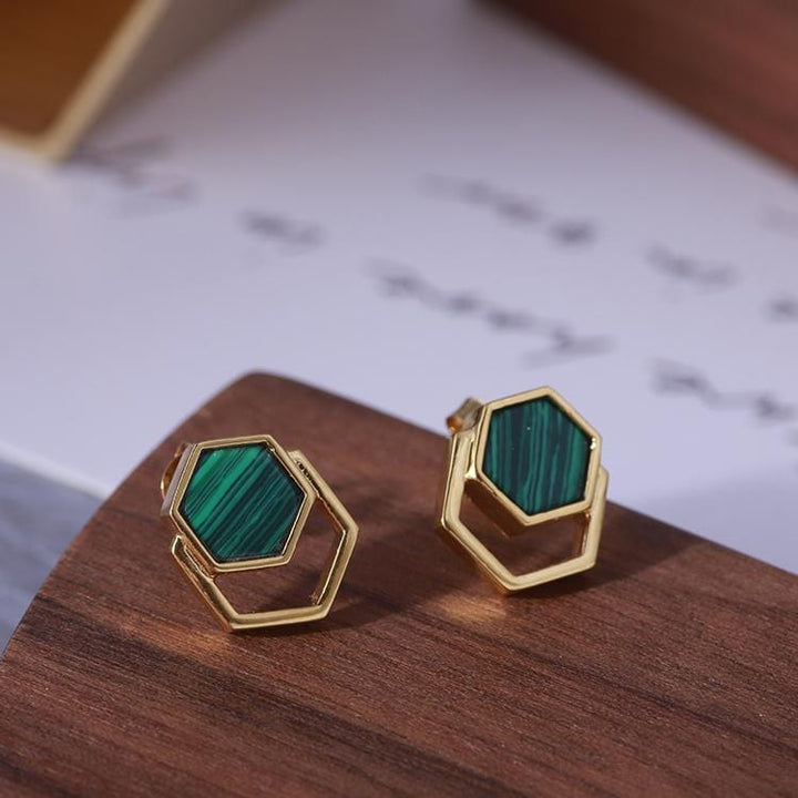 Hexagonal Inlaid Malachite Crystal Earrings