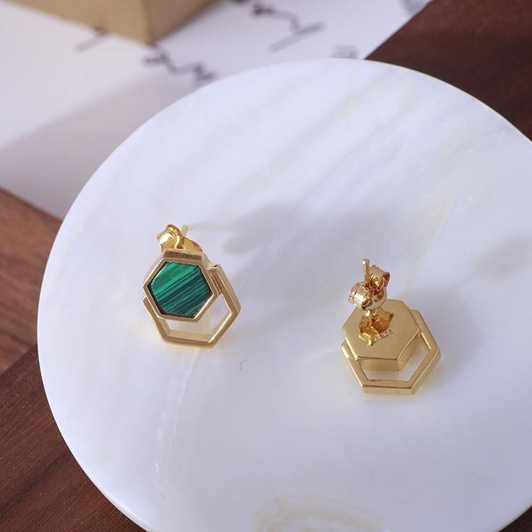 Hexagonal Inlaid Malachite Crystal Earrings