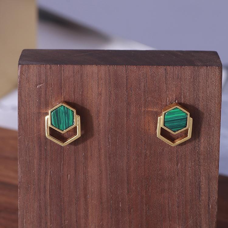 Hexagonal Inlaid Malachite Crystal Earrings