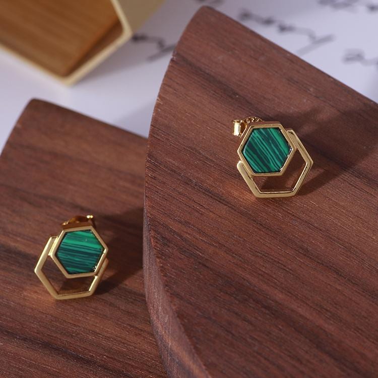 Hexagonal Inlaid Malachite Crystal Earrings