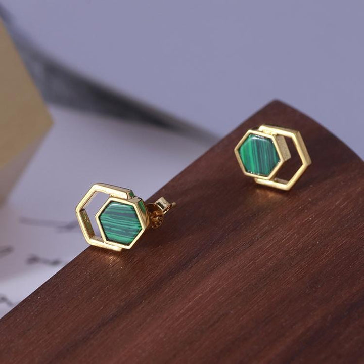 Hexagonal Inlaid Malachite Crystal Earrings